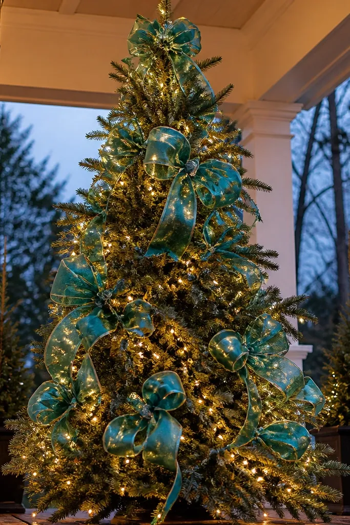 Teal satin ribbon loops hanging from an outdoor Christmas tree
