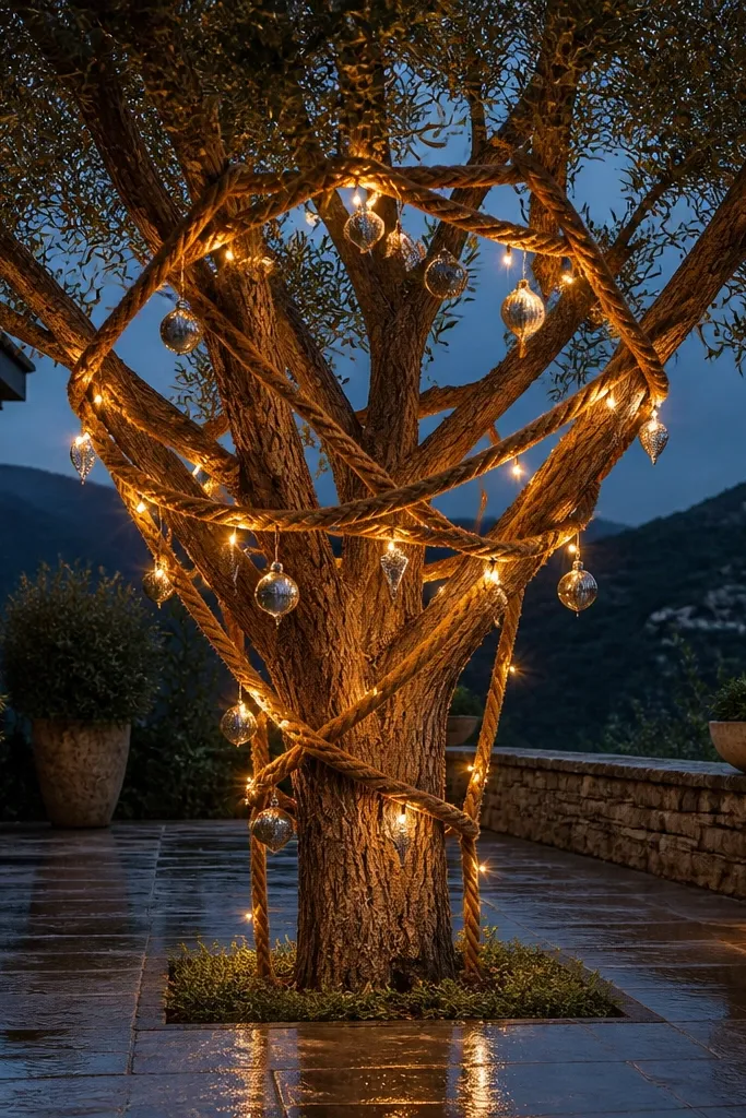 Cedar-colored rope garland wrapped around the base of an outdoor evergreen tree