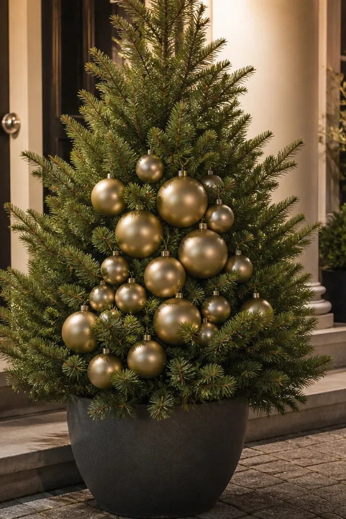Matte champagne ornaments clustered on the front of an outdoor evergreen tree