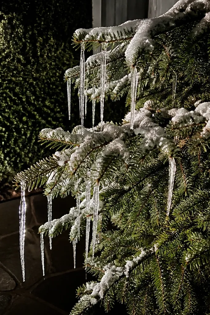 Clear icicle light strands hanging in staggered drops on an outdoor tree