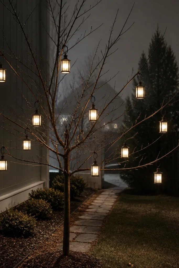 Small lantern-style lights clipped to branches on an outdoor Christmas tree