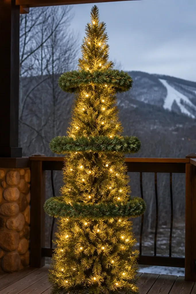 Small faux pine wreath rings hanging from an outdoor evergreen tree