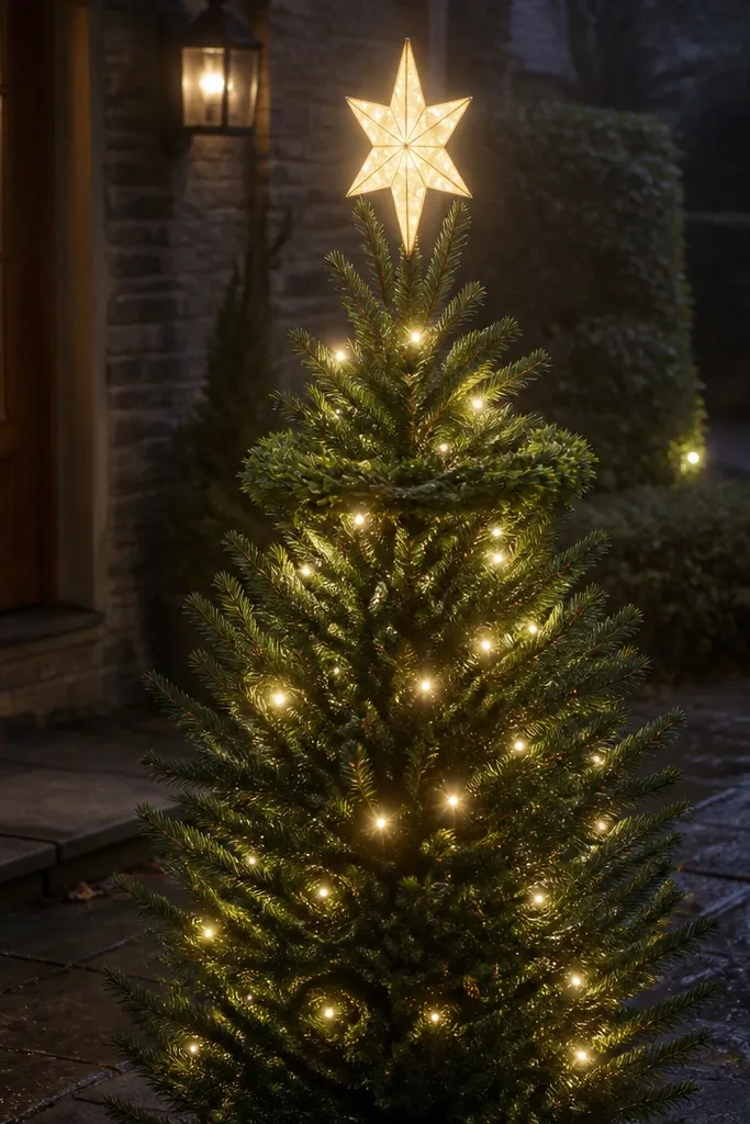 Glowing star topper mounted above a framed outdoor evergreen tree
