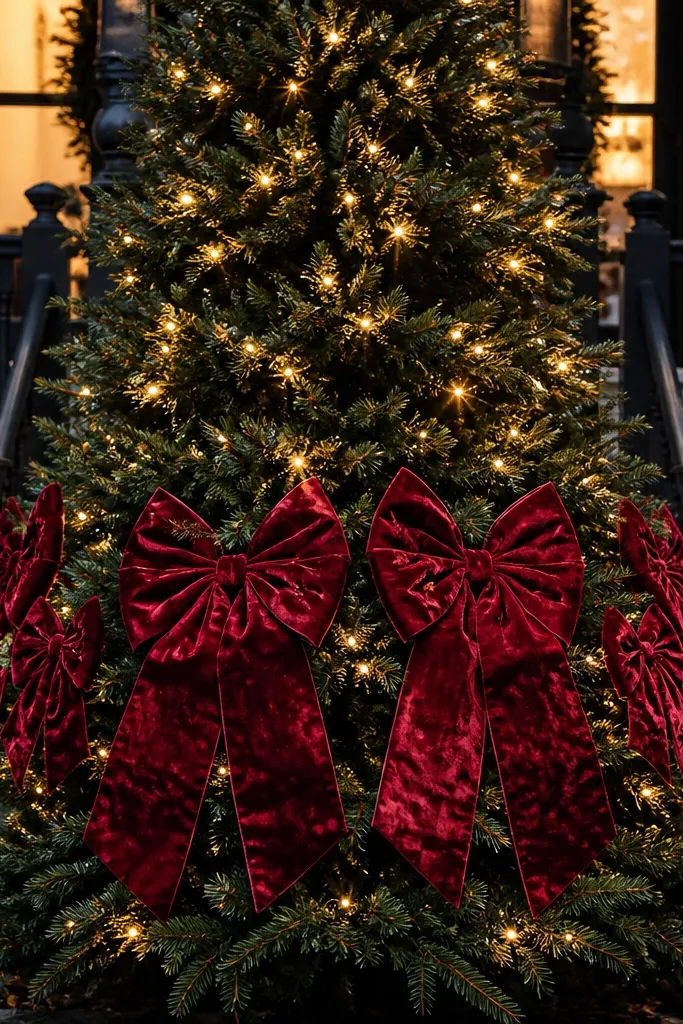 Red velvet bows clustered on the lower branches of an outdoor evergreen tree