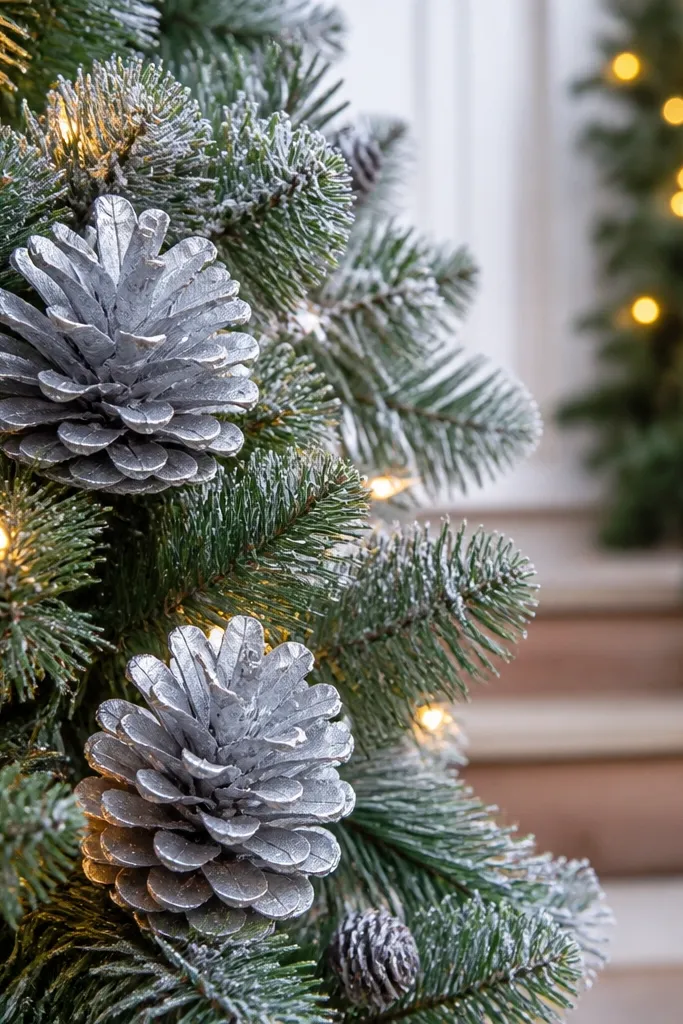Silver pine cone picks scattered through an outdoor evergreen tree