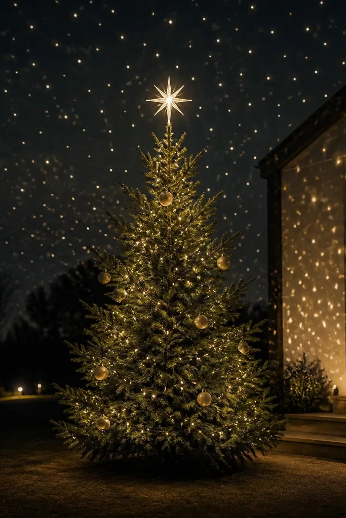 Tree lit with projected star lights and a few ornaments visible on branches