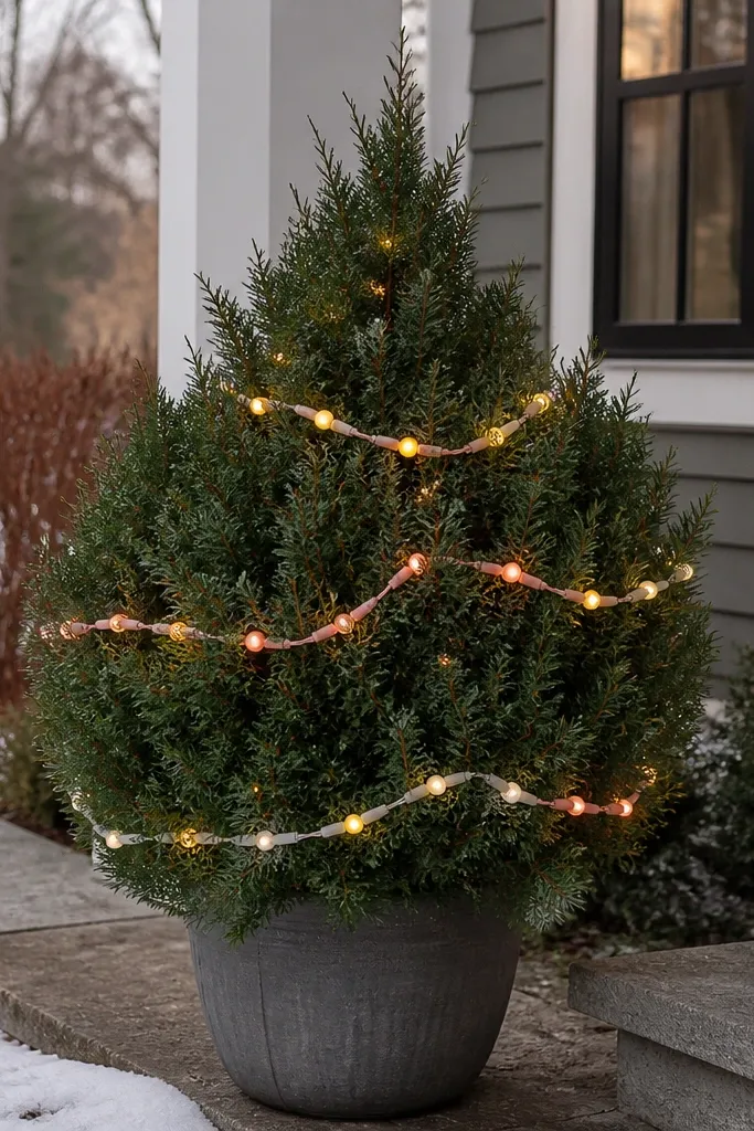 Pastel ombre lights swept across the front of an outdoor evergreen tree