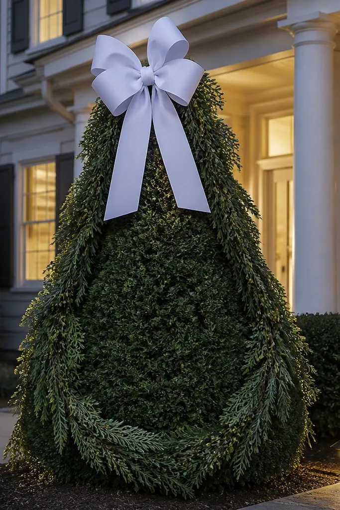 Evergreen garland swag wrapped around an outdoor tree with oversized white bows
