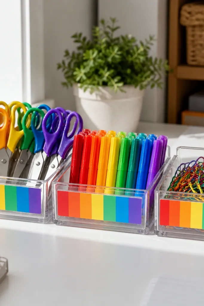 Six colored label strips above clear desk bins arranged by rainbow order