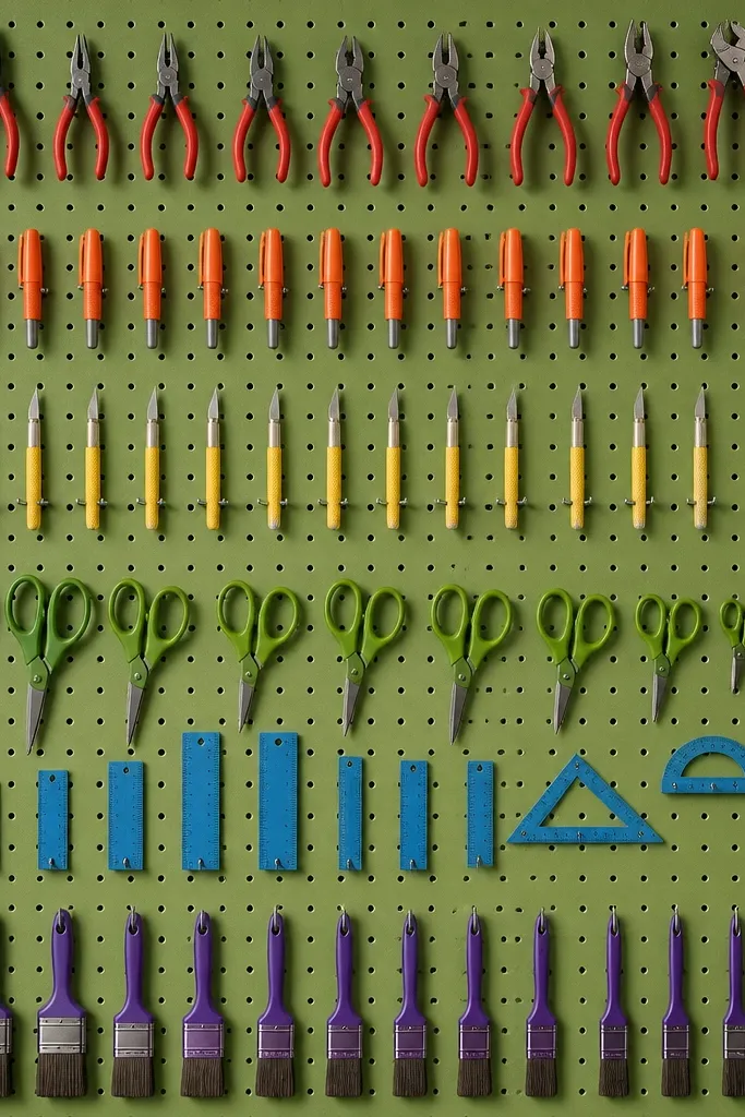 Pegboard with rainbow hooks holding small tools spaced evenly by color