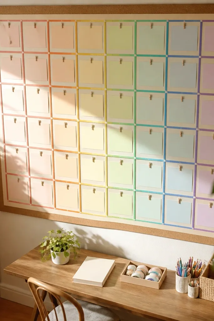 Simple grid of rainbow washi tape squares on a white wall
