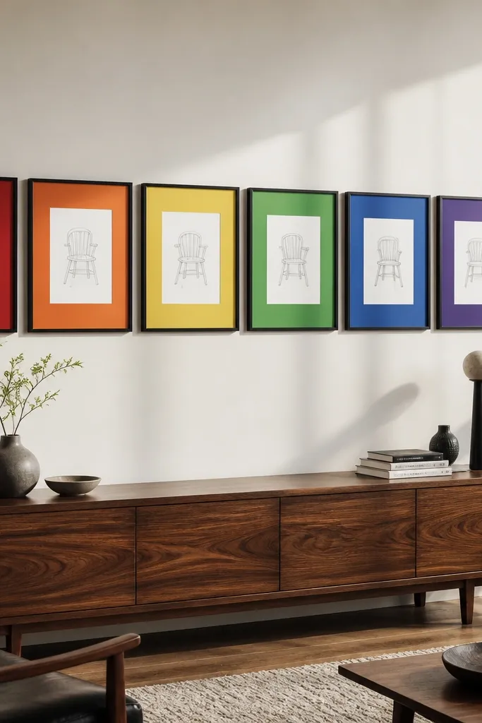 Six matching frames with colored mat borders in rainbow order on a wall