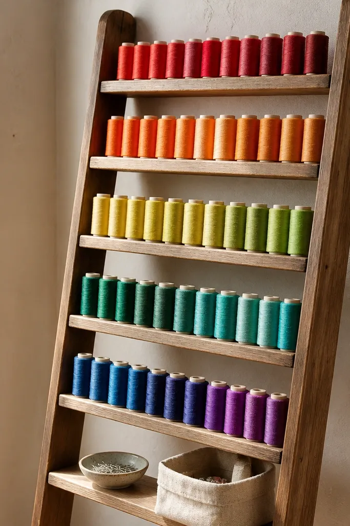 Small wooden ladder shelf holding thread spools arranged by rainbow colors