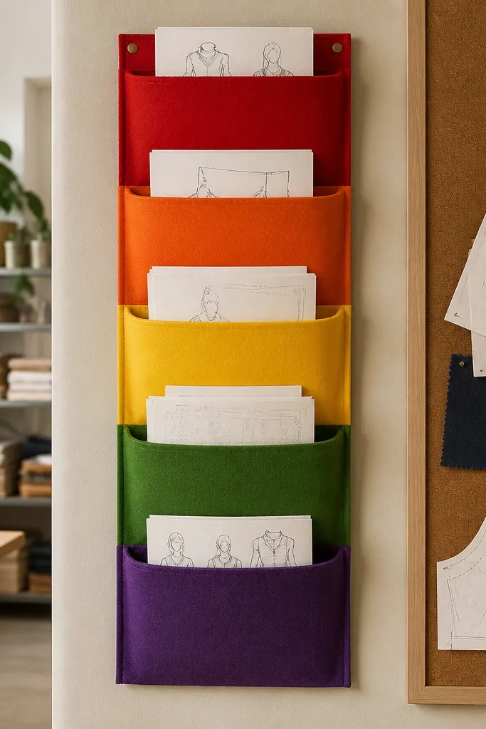 Wall pockets in red to violet holding craft paper stacks