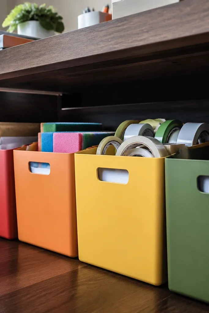 Four rainbow bins neatly lined under a desk with matching labels