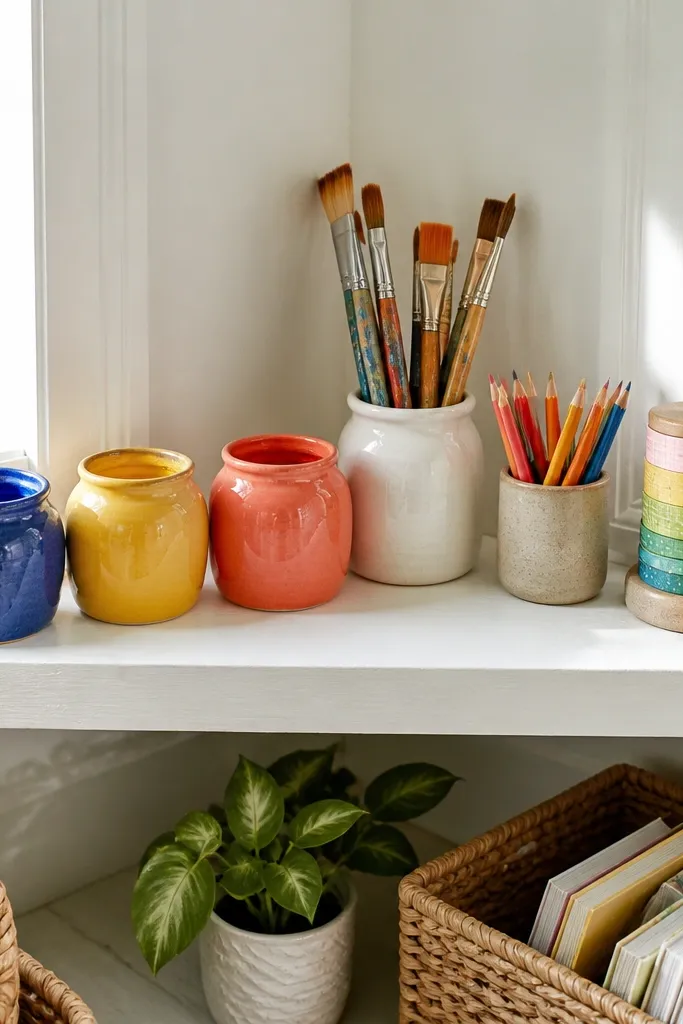 Small corner shelf holding rainbow ceramic paint pots and brushes