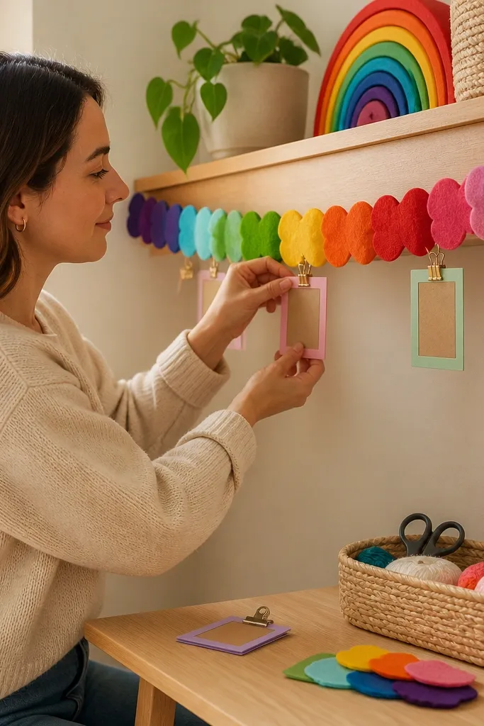 Felt rainbow garland with small clothespin tags hanging from a string