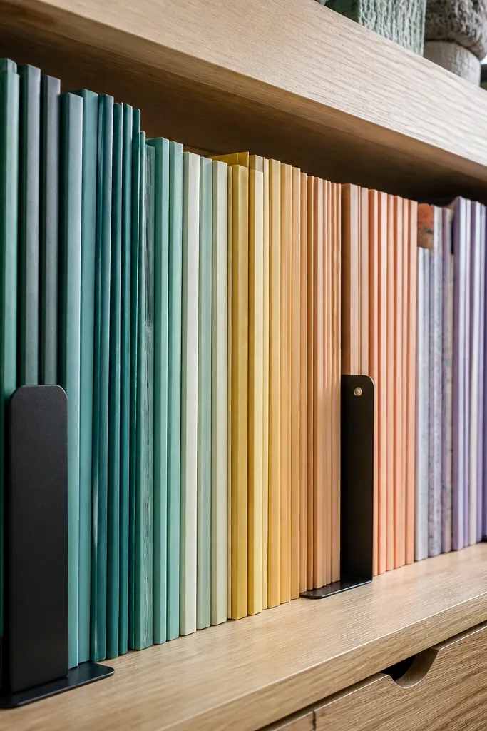 Books arranged with rainbow colored spines facing outward on a craft shelf