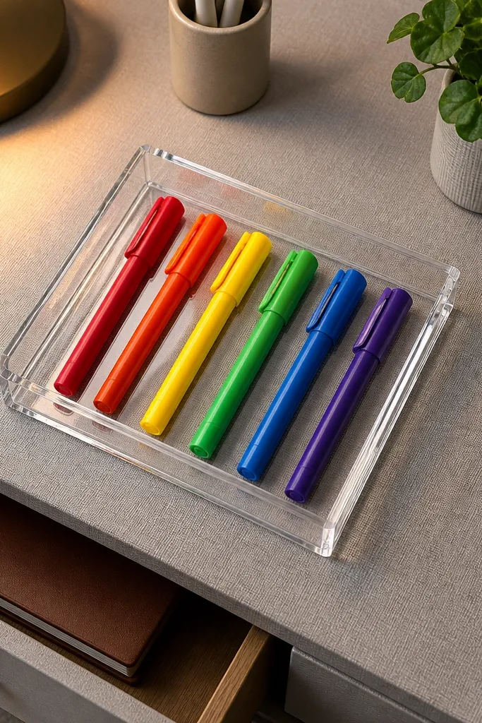 Clear tray with markers sorted by rainbow colors and lined up neatly