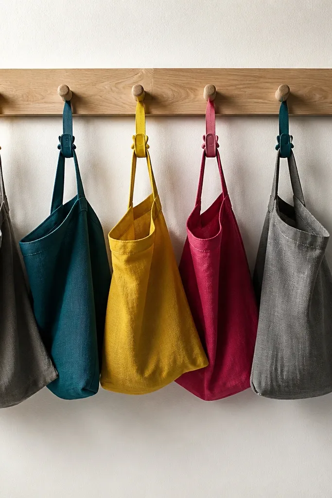 Rainbow peg rail with small hanging fabric bags labeled by craft type
