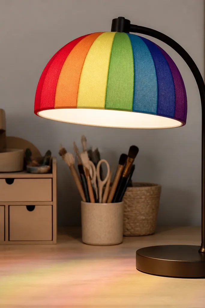 Desk lamp with rainbow-colored shade panels casting soft colored light