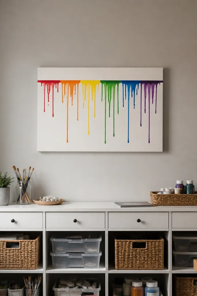 Simple rainbow paint drip art on a neutral wall above craft storage bins
