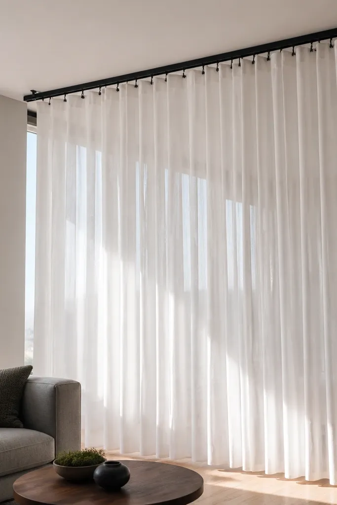 White sheer curtains on a ceiling track dividing a small living corner