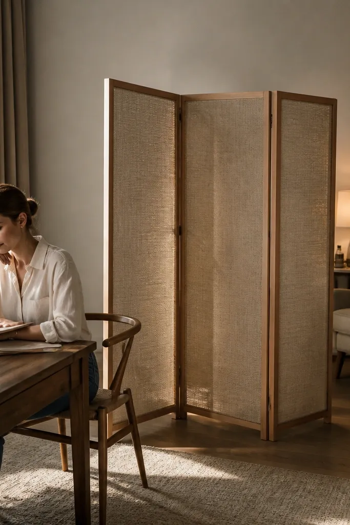 Cream fabric folding screen with three panels separating a seating area