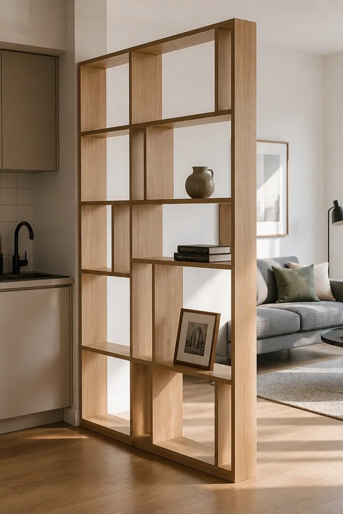 Light wood bookcase divider with open shelves separating a desk nook