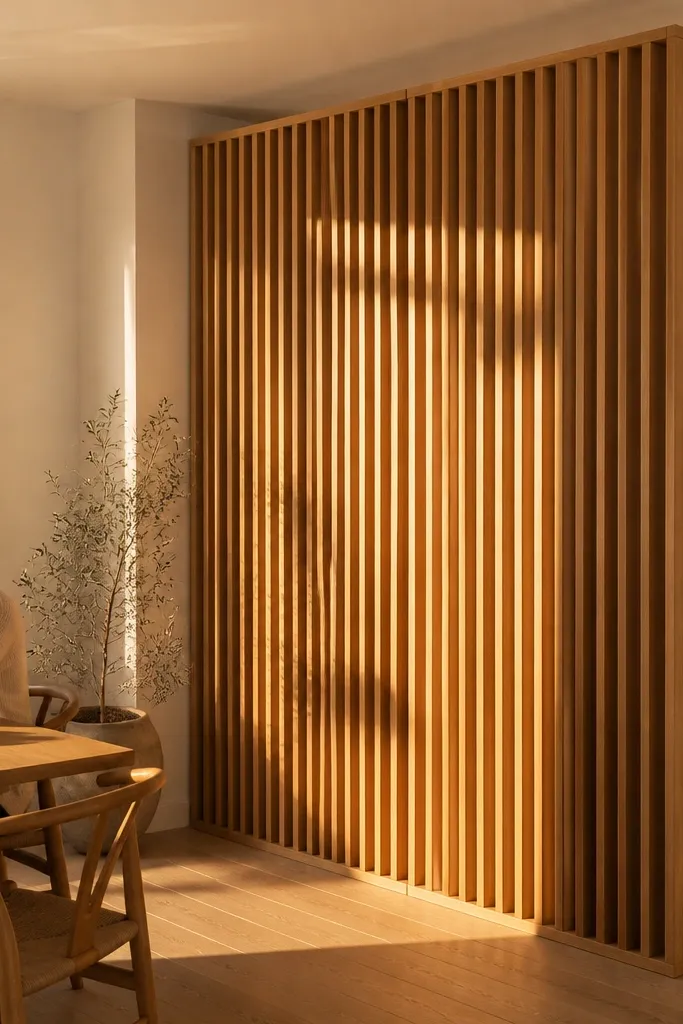 Tall light wood slat panel divider in a living area