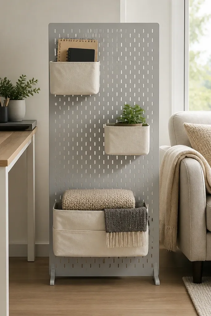 White pegboard divider with fabric storage bins and hooks