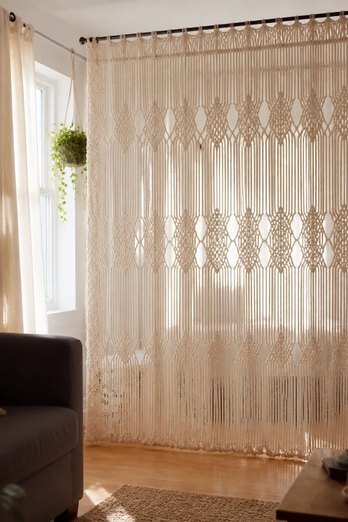 Beige macrame curtain hanging from a tension rod to split a corner