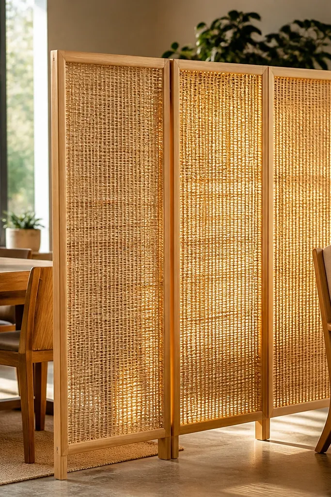 Woven panel divider with a light wood top rail separating a small lounge