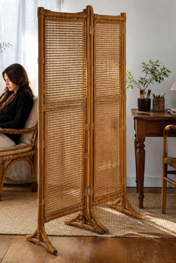 Rattan panel screen on small feet separating a dining nook