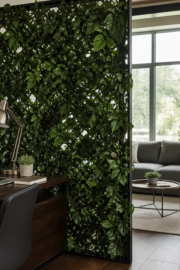 Green trellis panels with faux leaves separating a desk corner