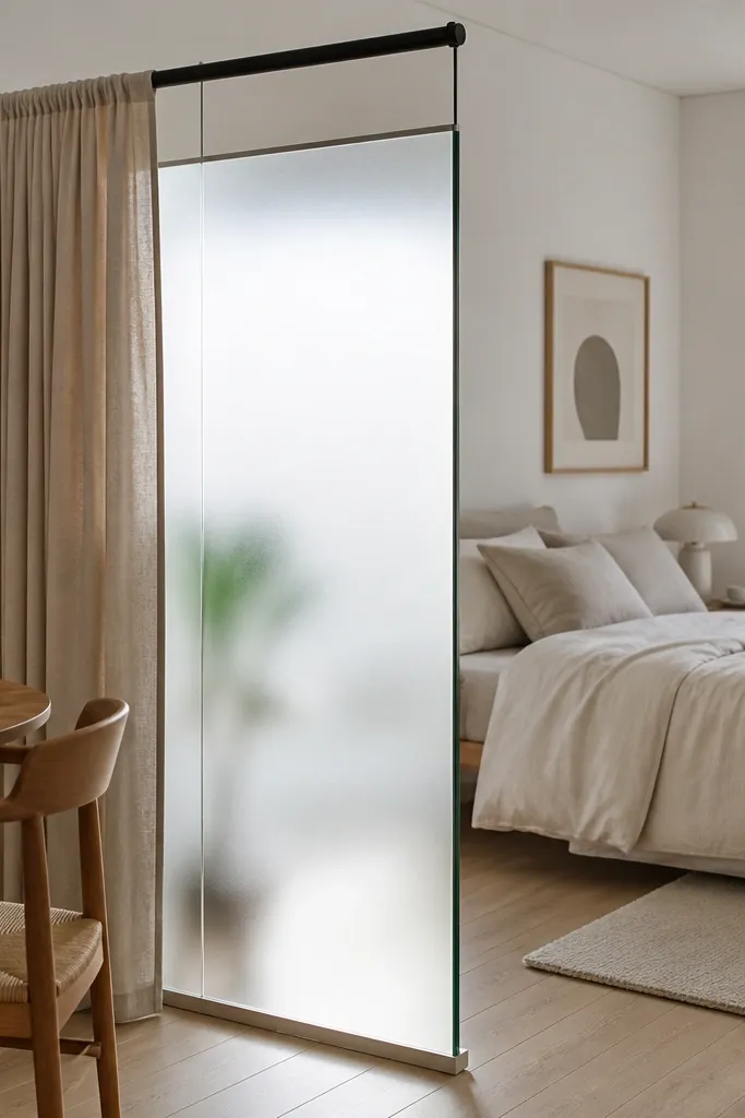 Curtain rod with sheer curtains and frosted window film on a small divider panel