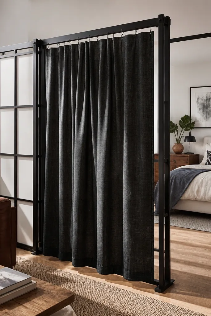 Two-tone folding screen with one side covered by a hanging curtain panel
