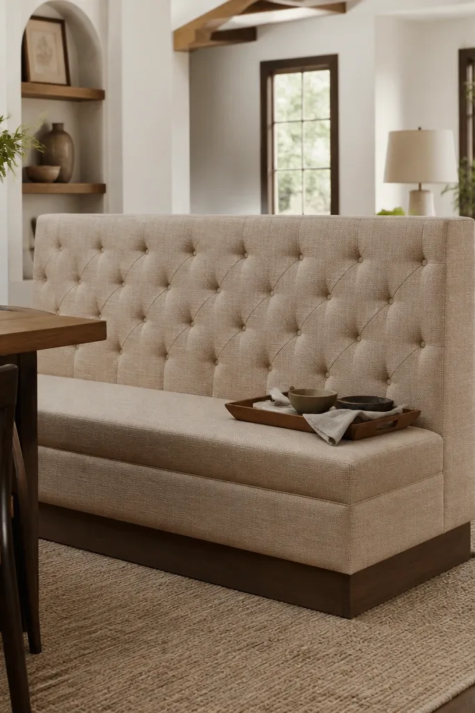 Upholstered bench with a high back used as a divider between living and dining