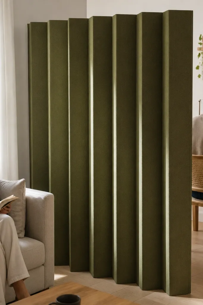 Bold colored accordion fabric screen dividing a small room corner