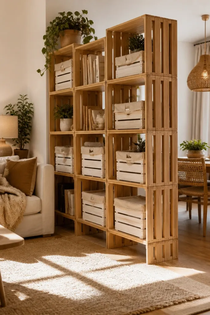 Stacked wooden crates divider with matching woven bins