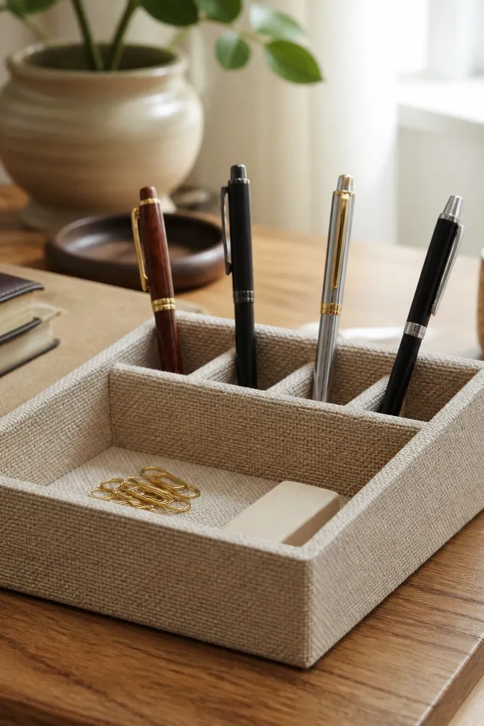 Cream linen tray holding pens, sticky notes, and a small notepad
