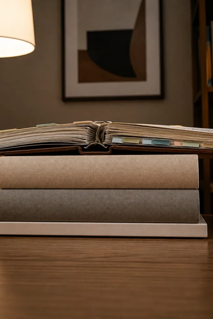 Stacked books with an open binder and a ruler on top