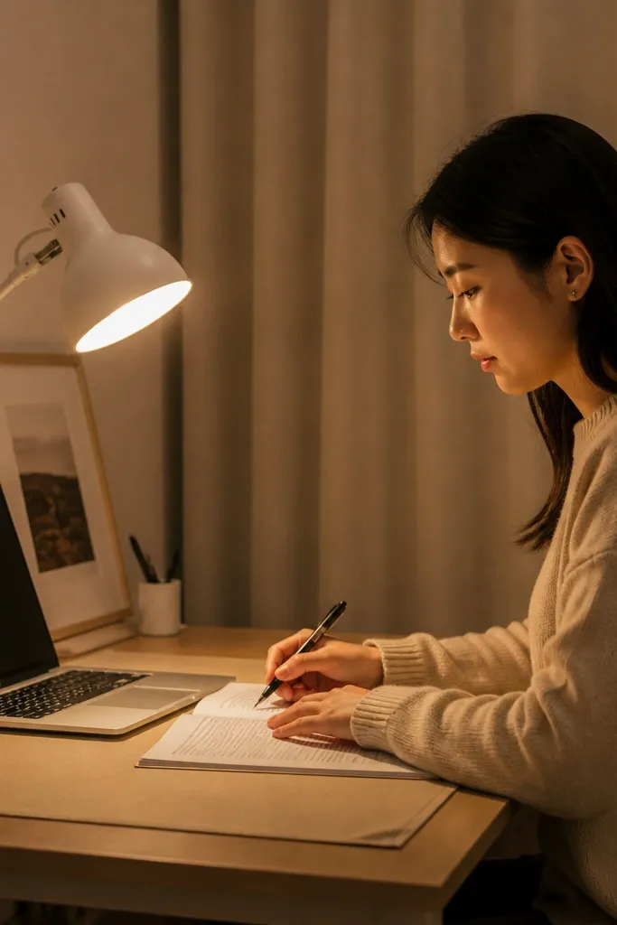Matte beige desk lamp casting warm light over an open notebook