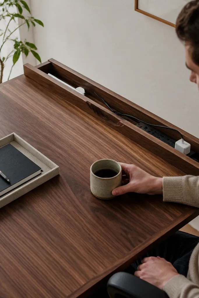 White cable tray under the desk with a power strip neatly tucked