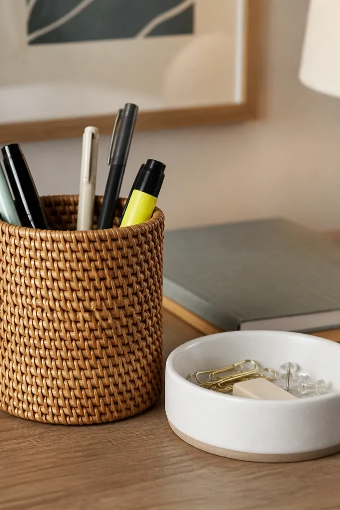 Woven pen cup next to a small ceramic dish for clips and erasers