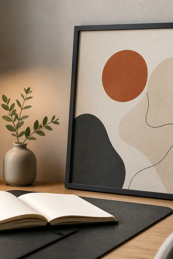 Slim black frame with an A4 art print above a study desk