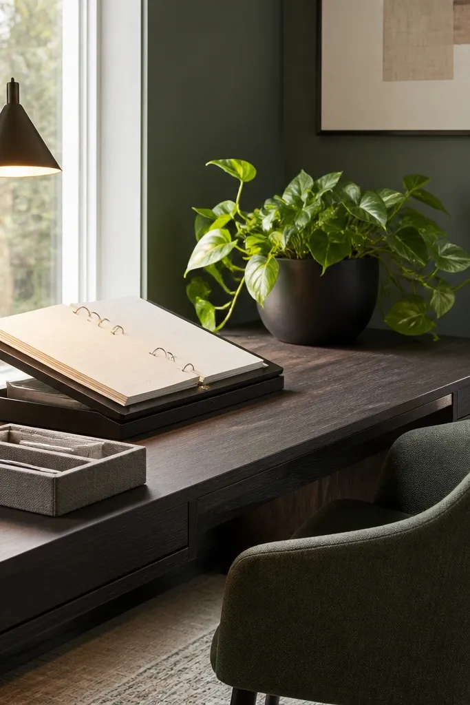 Small green plant in a matte off-white pot on a study table