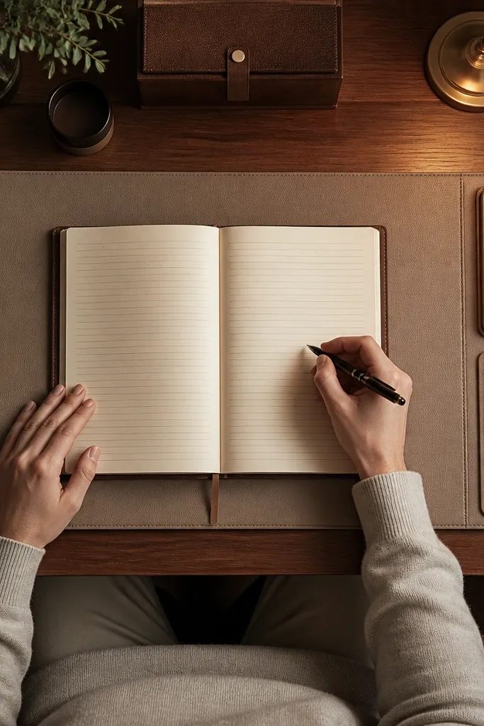Warm beige leather-look desk mat under a notebook and pen