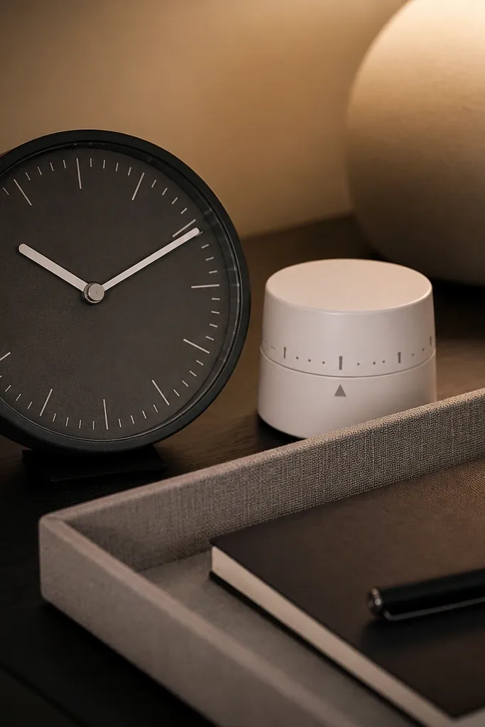 Minimal white clock and a small timer beside a notebook