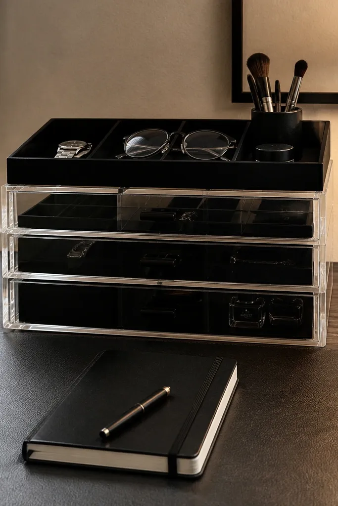 Black stack organizer with trays and a small drawer near the desk edge
